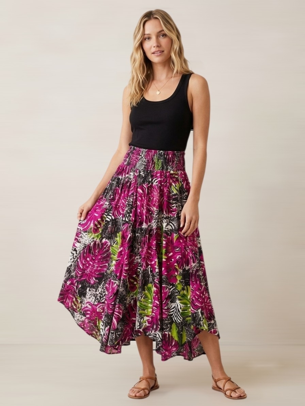 Grace Elements Pink Tropical High-Low Floral Skirt EUC